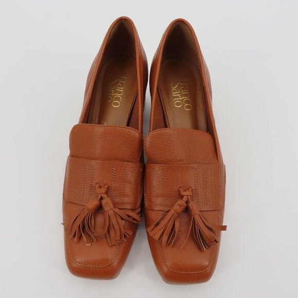 Franco Sarto Women 7.5 M ROME Cognac Brown Leather Tassel Gold Trim Loafer Heels - Picture 2 of 13